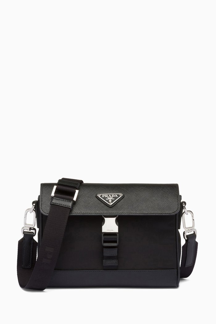 Logo Shoulder Bag in Re-Nylon & Saffiano Leather, Black