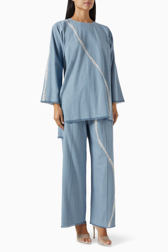 

Embellished Top & Pants Set in Denim, Blue