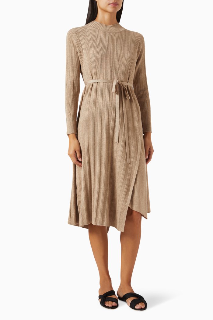 

Belted Wrap Midi Dress in Knit, Neutral