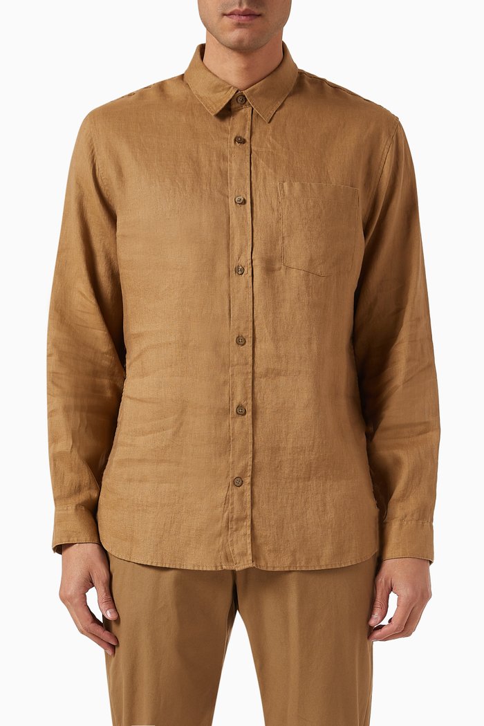 Classic-fit Long-sleeve Shirt in Linen, Brown