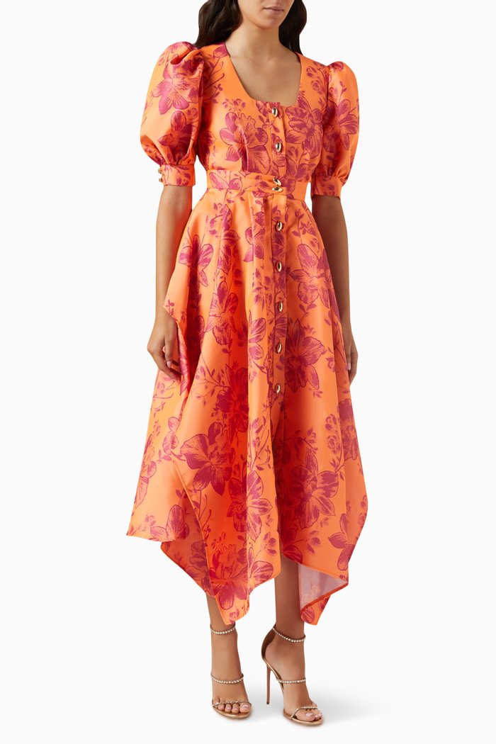 

Floral Print Midi Dress in Polyester, Orange