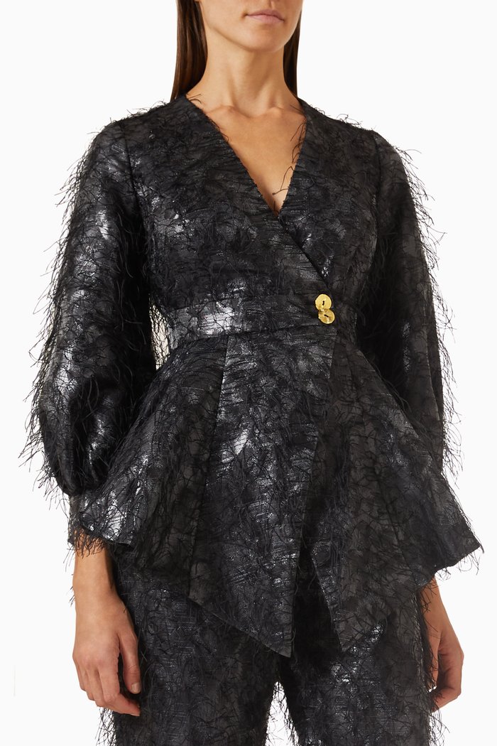 

Feather-embellished Belted Blouse, Black