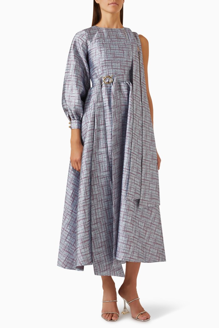 

Asymmetrical Check Midi Dress, Blue
