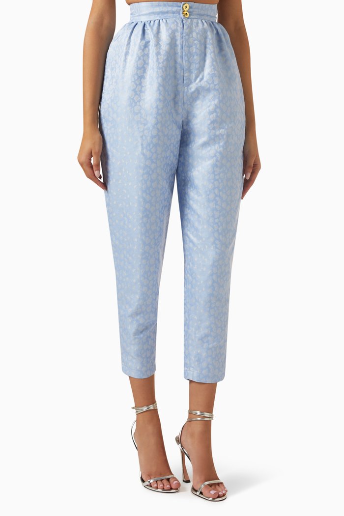 

Printed Tapered Pants in Satin, Blue