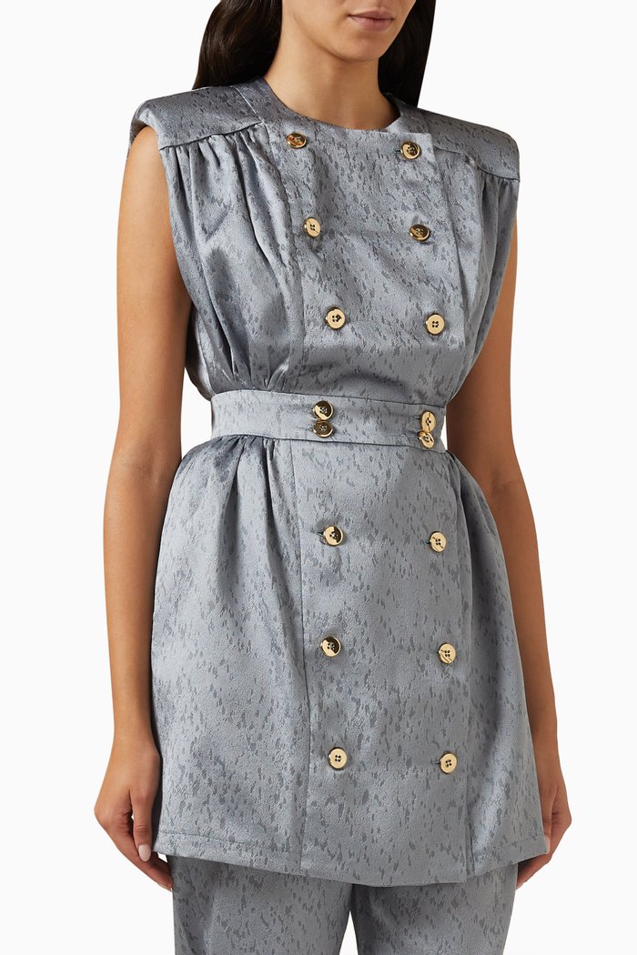 

Ruffled Neckline Blouse in Textured Fabric, Blue
