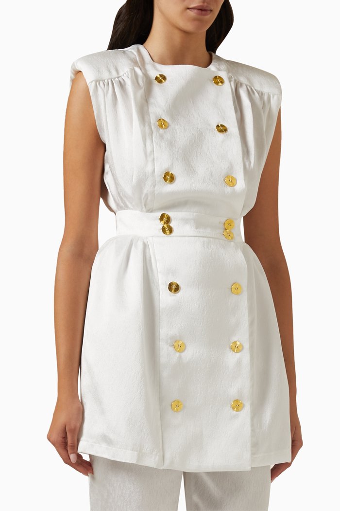 

Ruffled Long Blouse in Snowy Textured Fabric, White