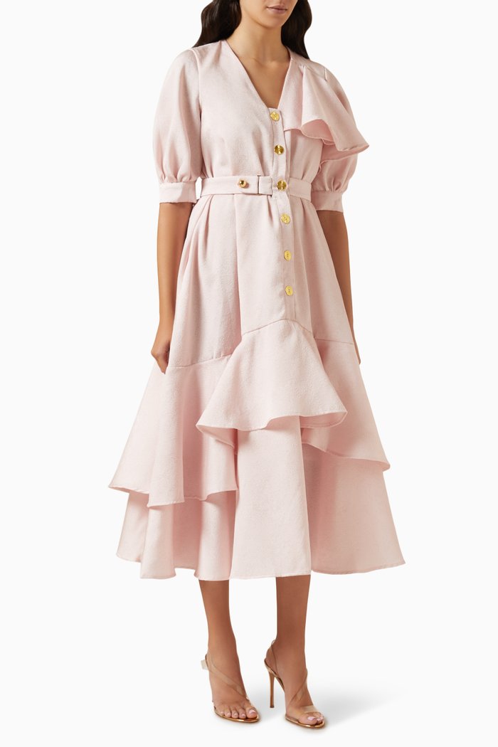 

Ruffled Midi Dress in Textured Fabric, Pink