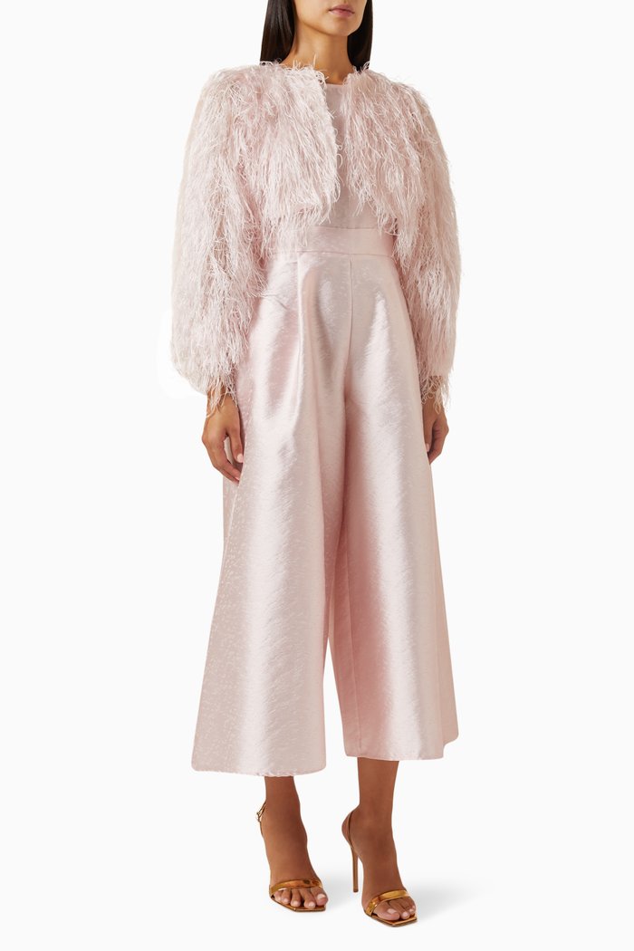 

Feather-trimmed Jumpsuit Set in Satin, Pink