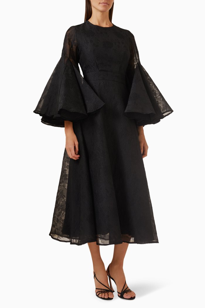 Fluted-sleeves Midi Dress, Black