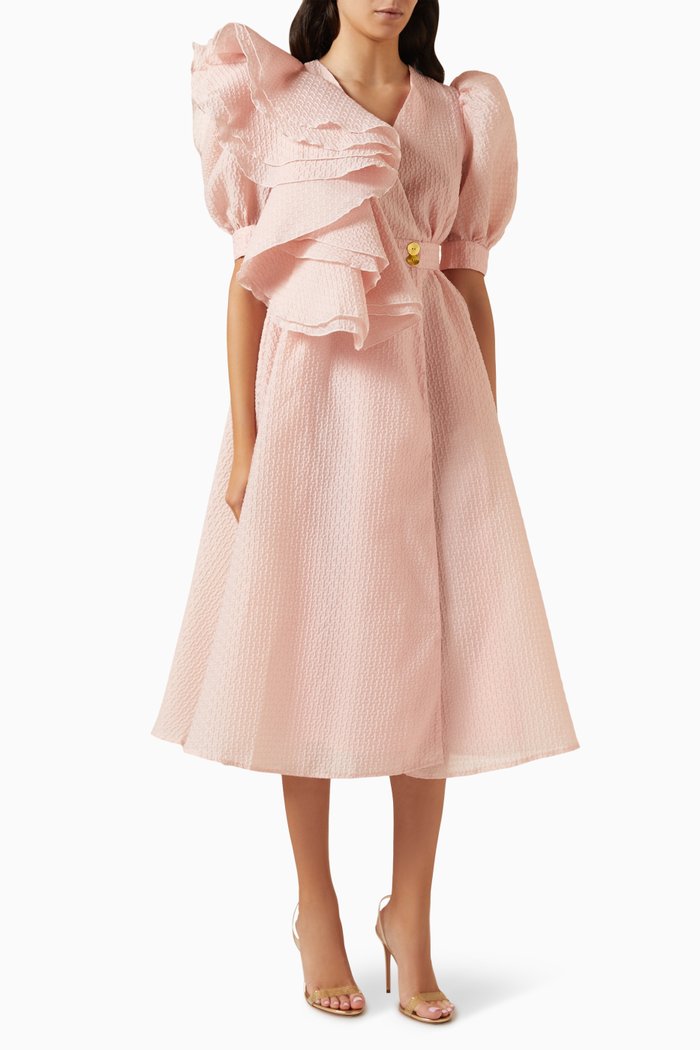 

Puff Sleeve Midi Dress in Textured Fabric, Pink