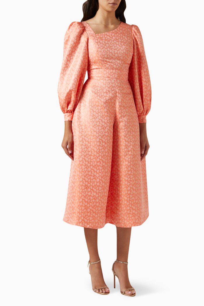 

Printed Balloon Sleeved Jumpsuit in Polyester, Orange