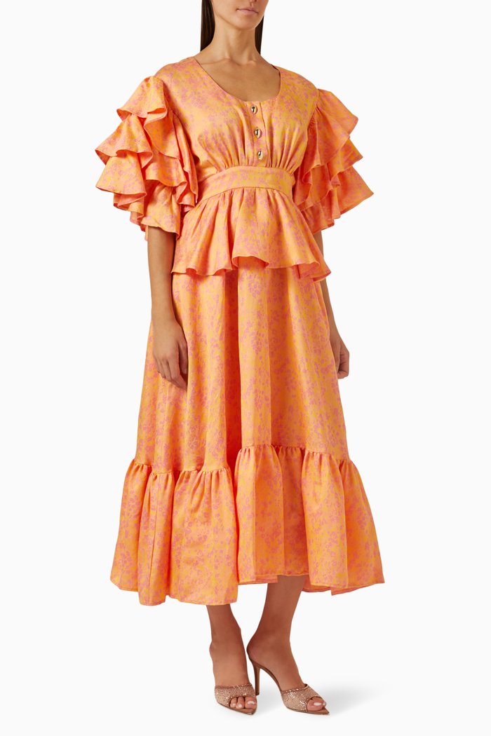 

Floral-jacquard Ruffled Midi Dress, Orange