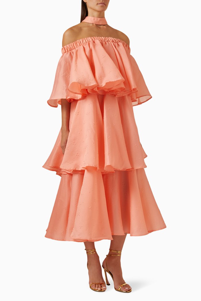 

Ruffled Choker Off-shoulder Midi Dress, Orange