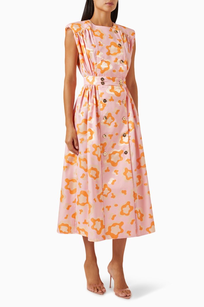 

Printed Midi Dress in Jacquard, Orange
