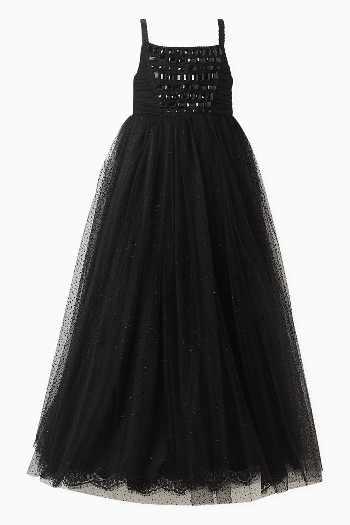 

Flocked Rhinestone-embellished Dress in Tulle, Black