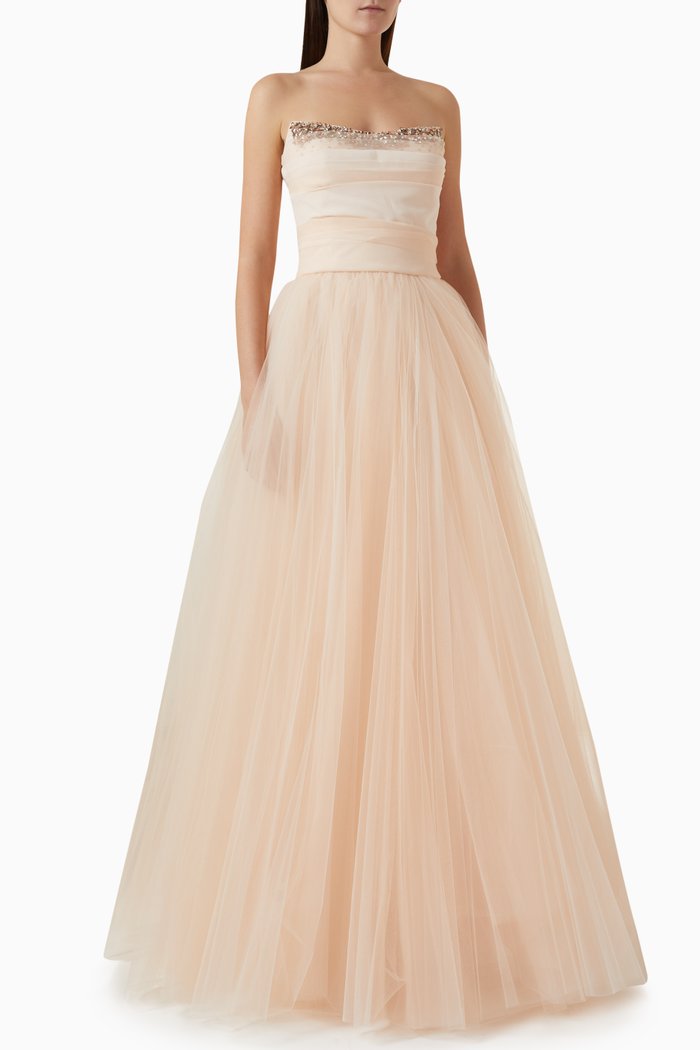 

Embellished Flared Maxi Dress in Tulle, Pink
