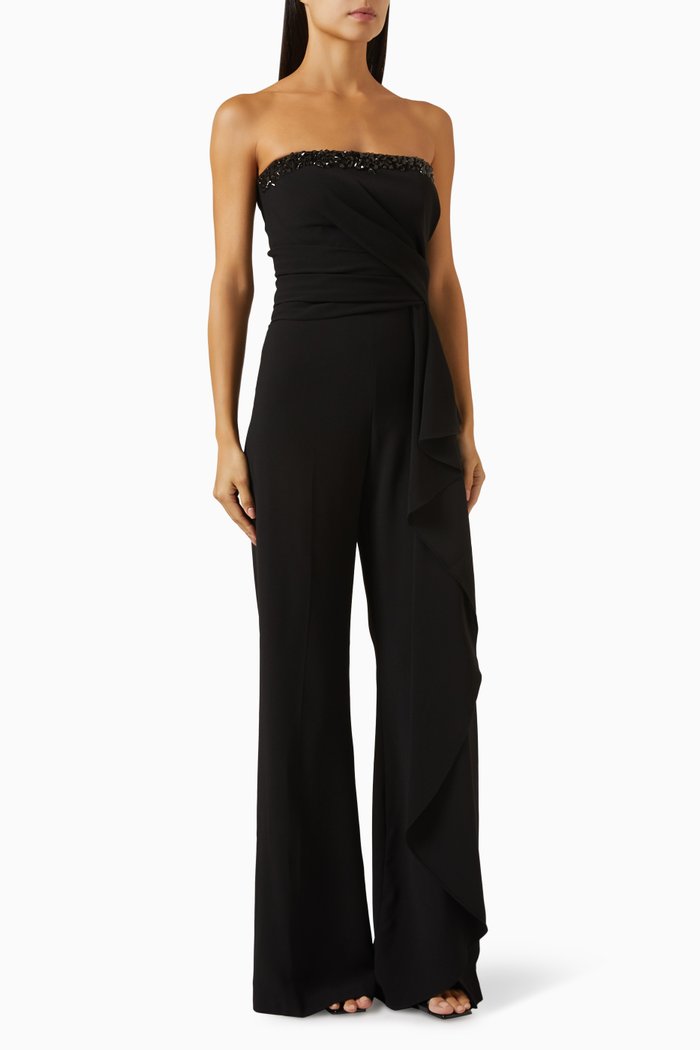 

Bead-embellished Strapless Jumpsuit in Crepe, Black