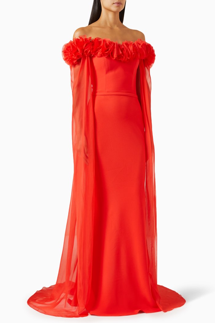 

3D Floral Maxi Cape Dress in Crepe, Red