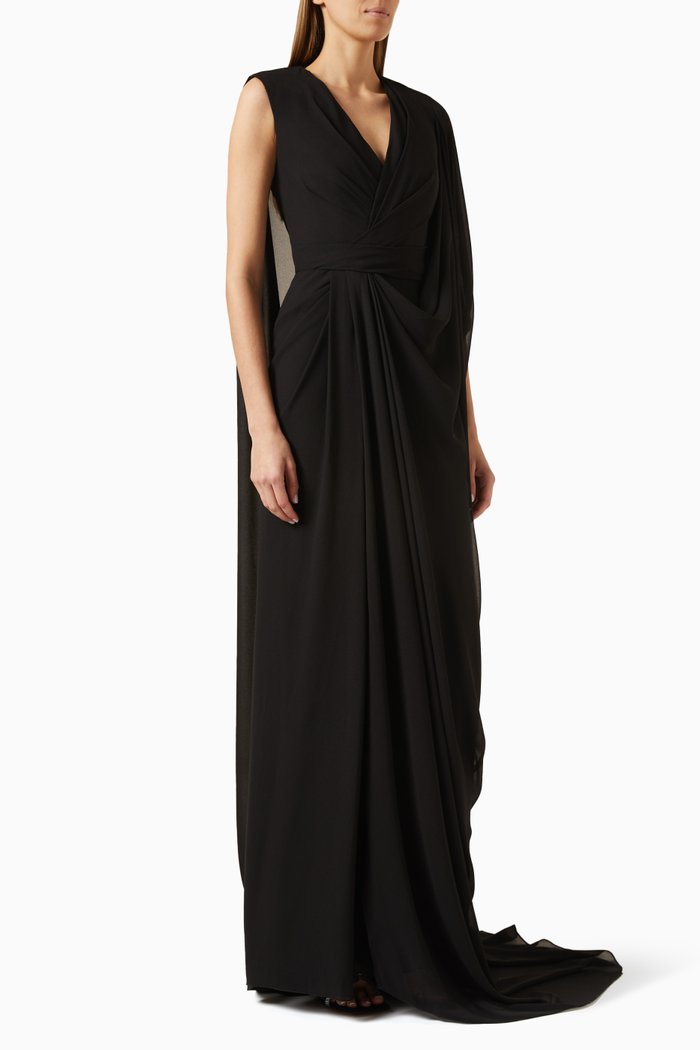 

Asynmetric Draped Maxi Dress in Crepe, Black