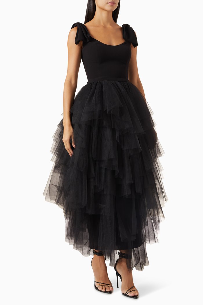 

Bow Tiered Dress in Tulle, Black