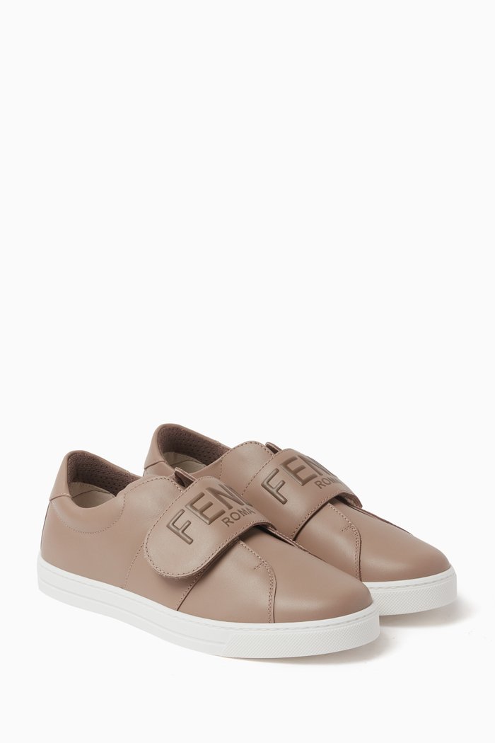 

FF Logo Velcro Sneakers in Leather, Neutral