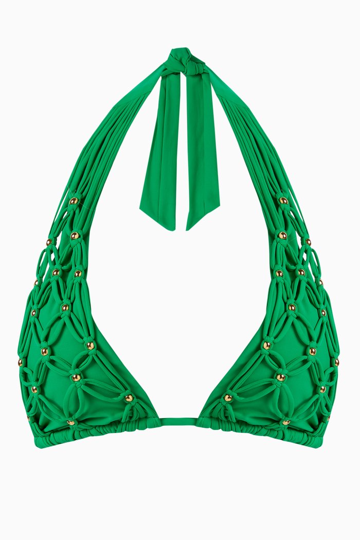 Brynn Beaded Halter Bikini Top, Green