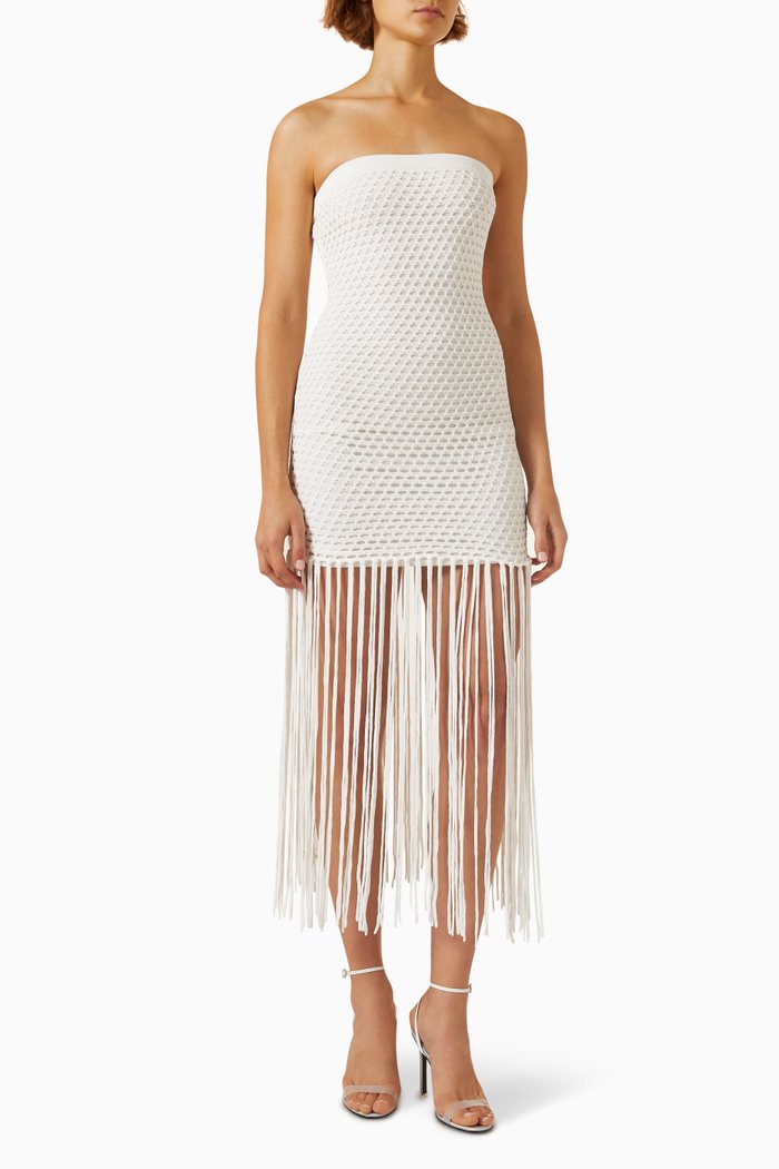 

Vanessa Strapless Fringe Dress in Viscose, White