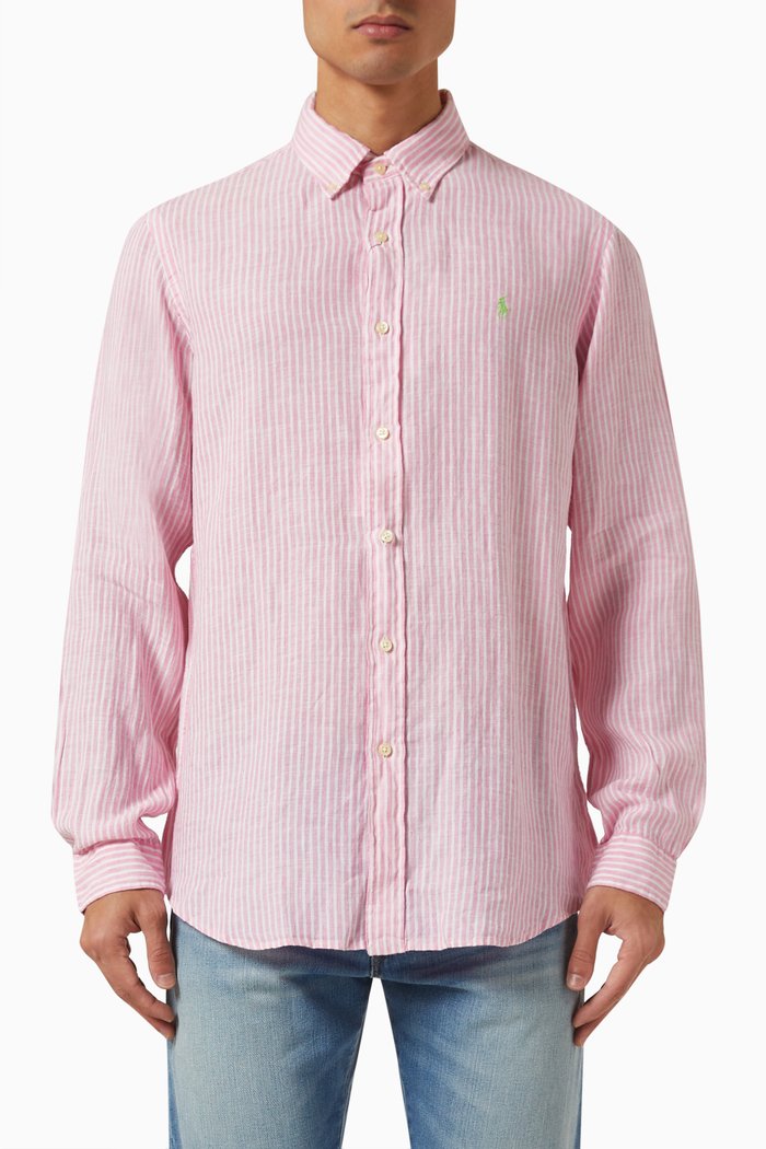 

Striped Logo Shirt in Linen, Pink