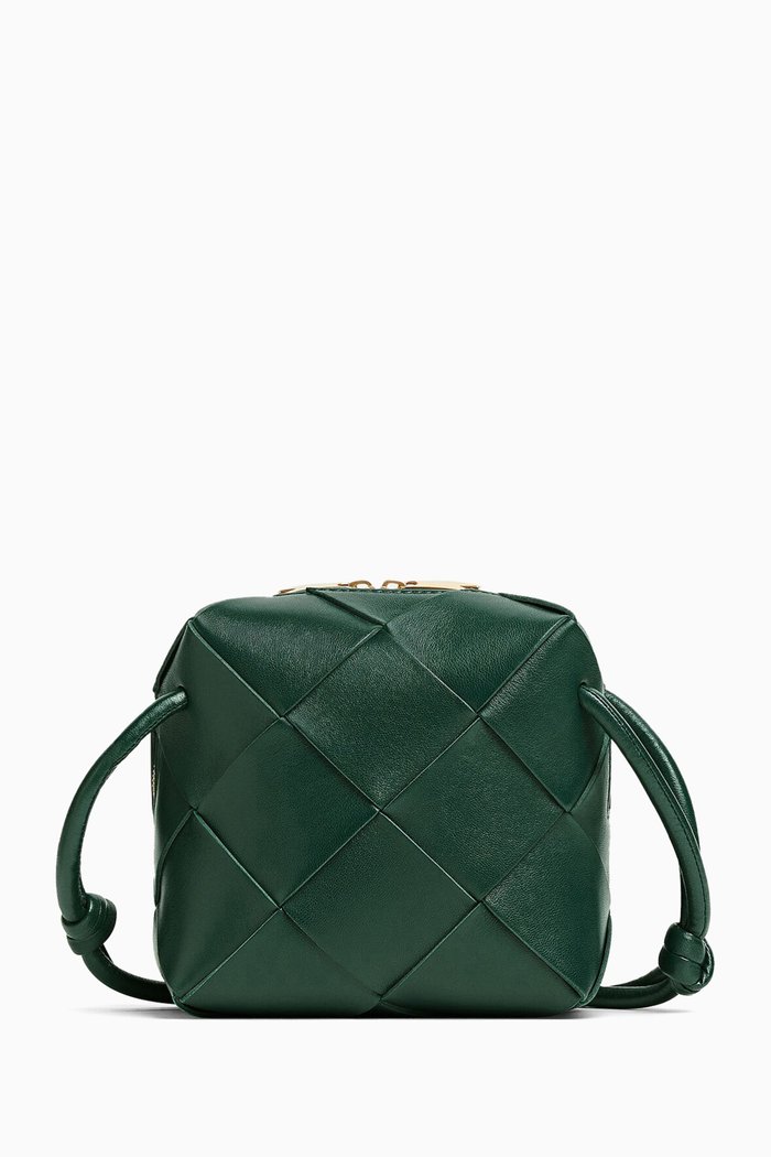 

Mini Cassette Camera Crossbody Bag in Intreccio Leather, Green