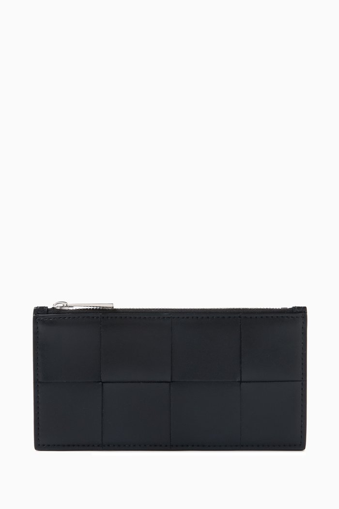 

Slim Cassette Long Zip Wallet in Intreccio Leather, Black