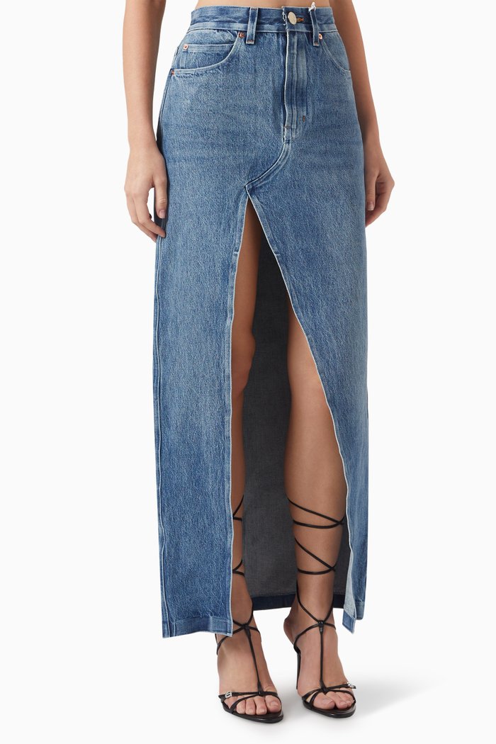 Bonded Crossover Maxi Skirt in Denim, Blue