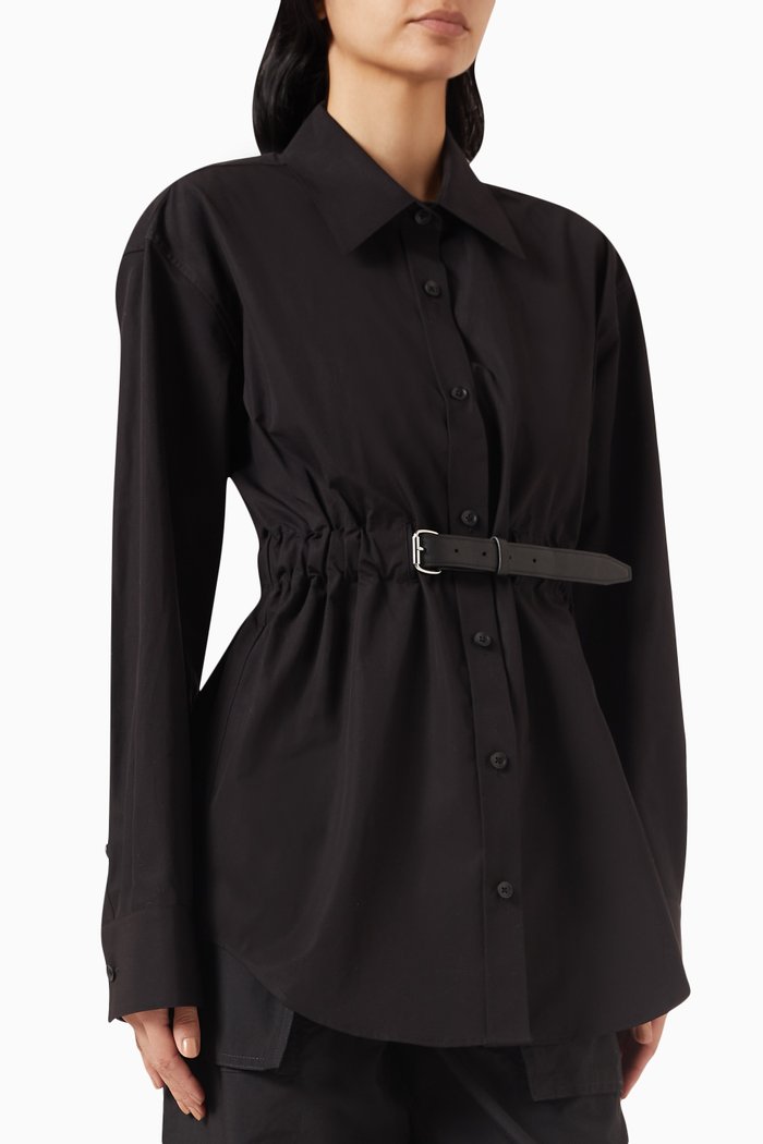 

Belted Button-down Tunic Shirt in Cotton, Black