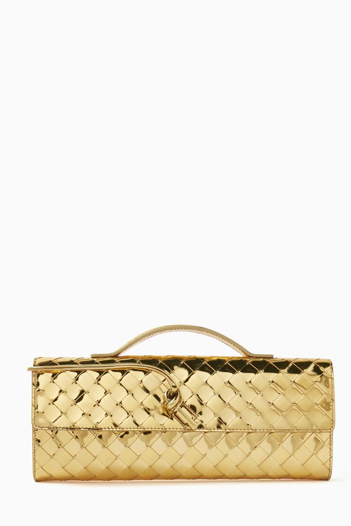 

Long Andiamo Handle Clutch in Metallic Intrecciato Leather, Gold