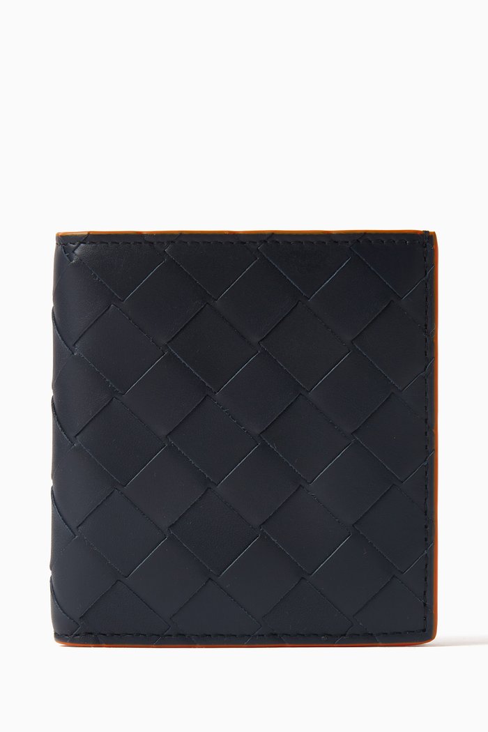 Slim Bi-fold Wallet in Intrecciato Leather, Blue