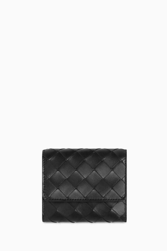 

Tri-fold Zip Wallet in Intrecciato Leather, Black