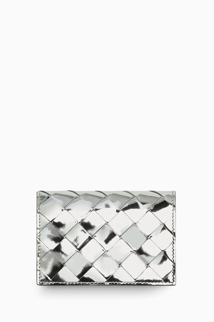 

Business Card Case in Laminated Intrecciato Leather, Grey