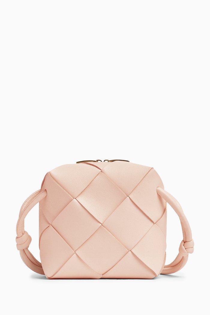 Mini Cassette Camera Crossbody Bag in Intreccio Leather, Pink