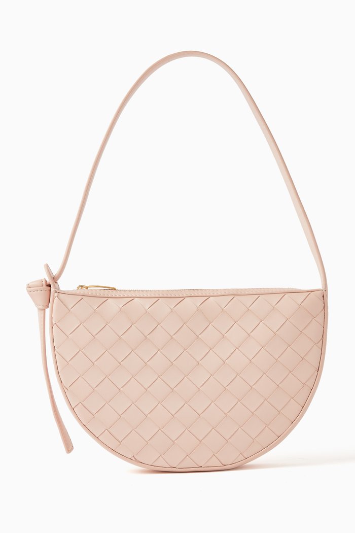 Mini Sunrise Shoulder Bag in Intrecciato Leather, Pink
