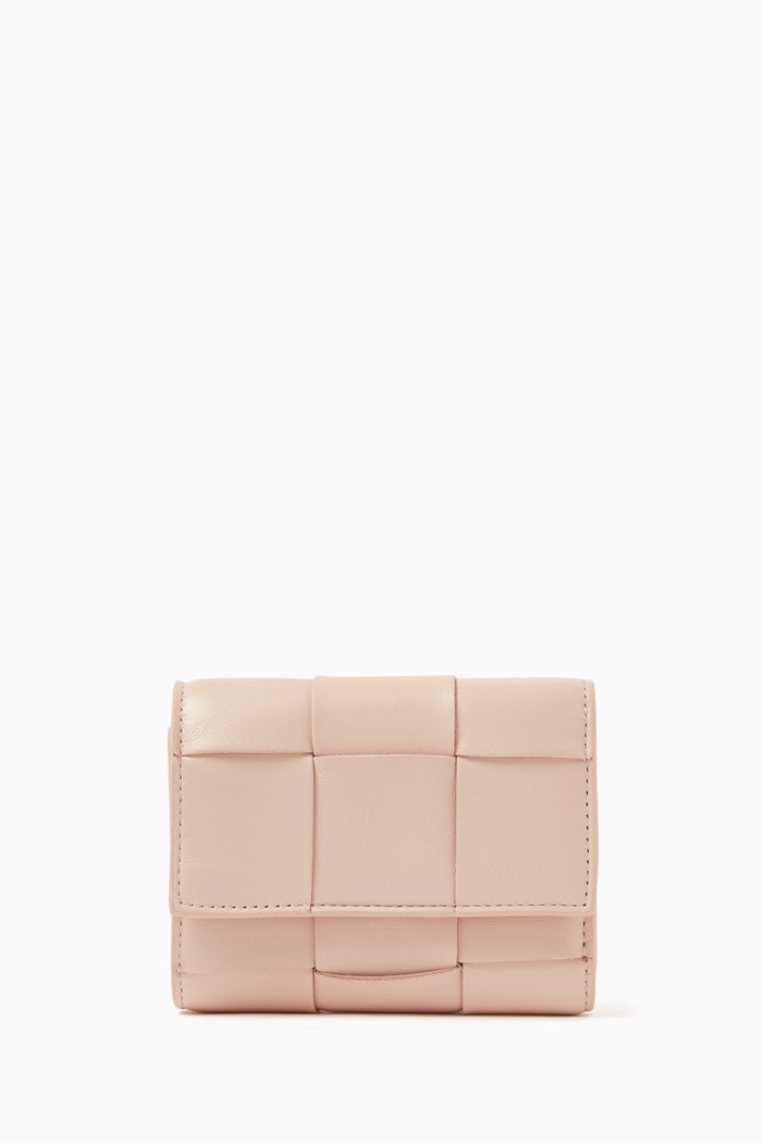 

Cassette Tri-fold Zip Wallet in Intrecciato Leather, Pink