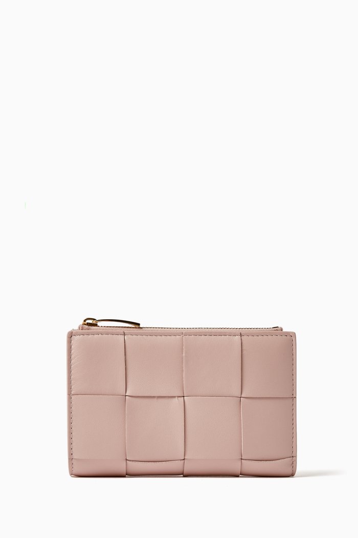 Medium Cassette Bi-fold Wallet in Intrecciato Leather, Pink