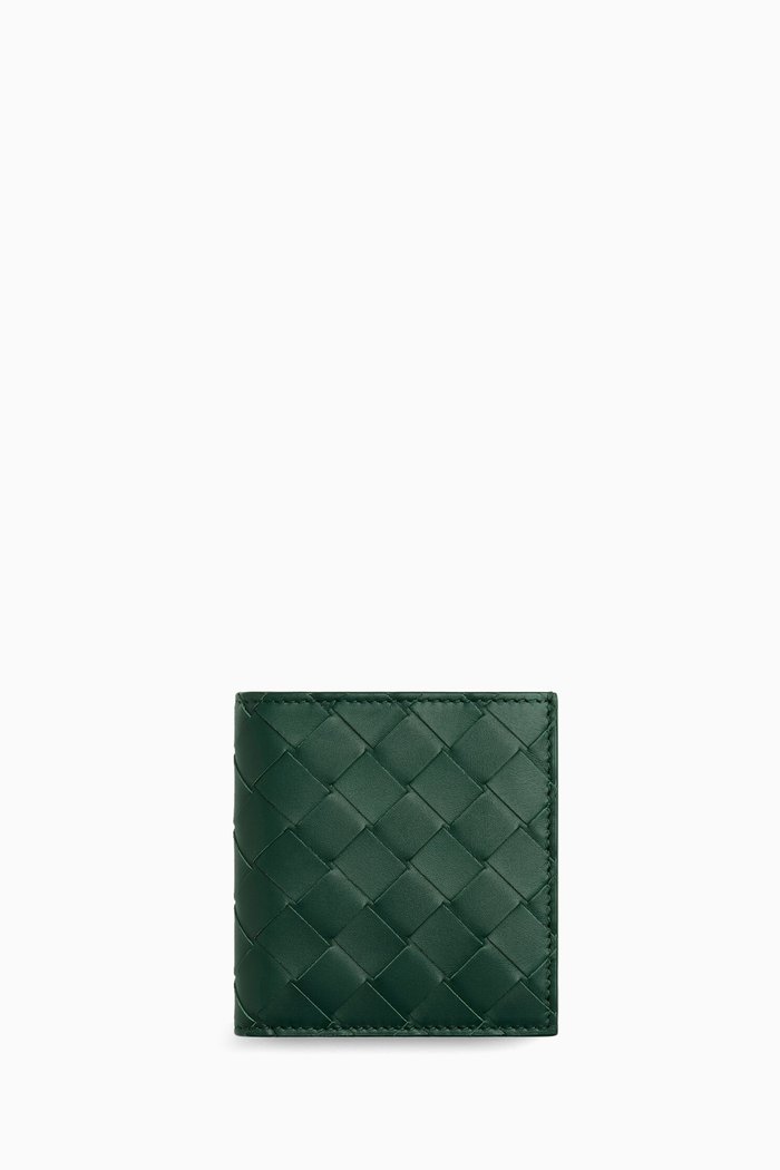 

Slim Bi-fold Wallet in Intrecciato Leather, Green