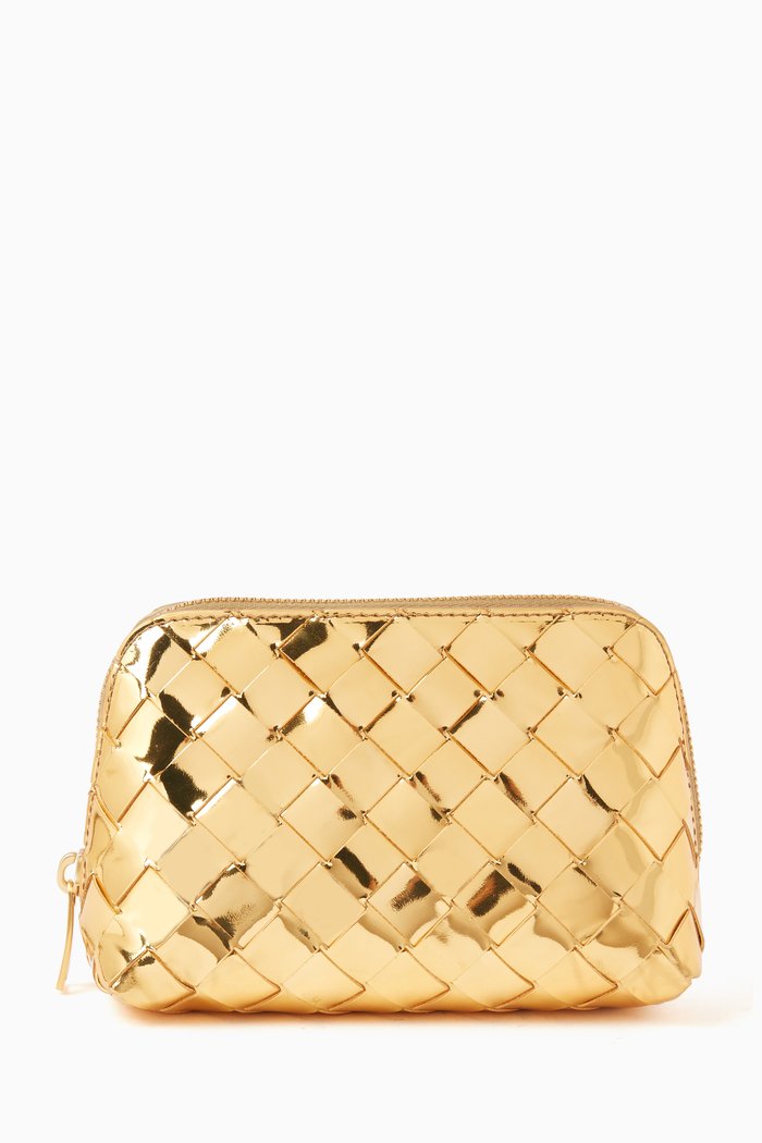 

Beauty Pouch in Laminated Intrecciato Leather, Gold