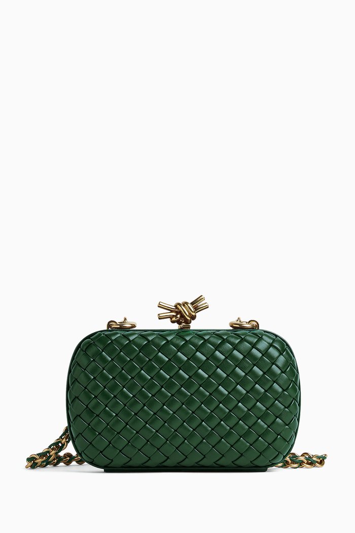 

Knot Minaudiere Clutch Bag in Padded Intreccio Leather, Green