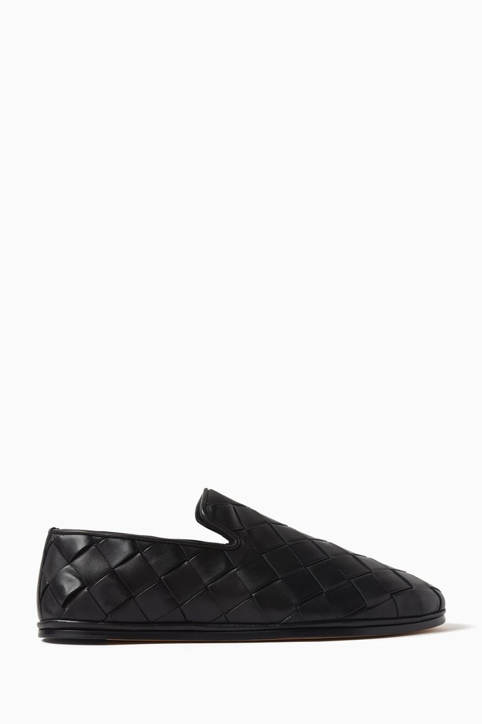 Sunday Padded Slippers in Intrecciato Leather, Black