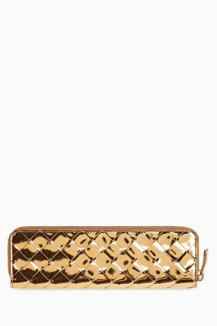

Slim Pencil Case in Intrecciato Laminated Leather, Gold