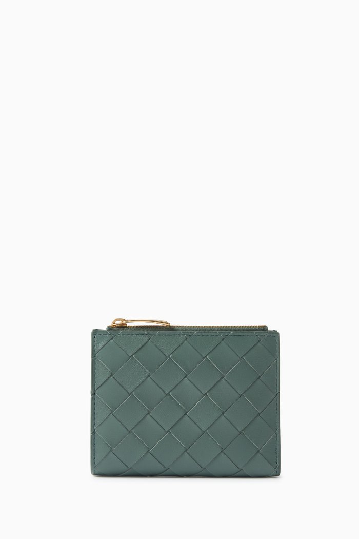 

Small Bi-fold Zip Wallet in Intrecciato Leather, Green