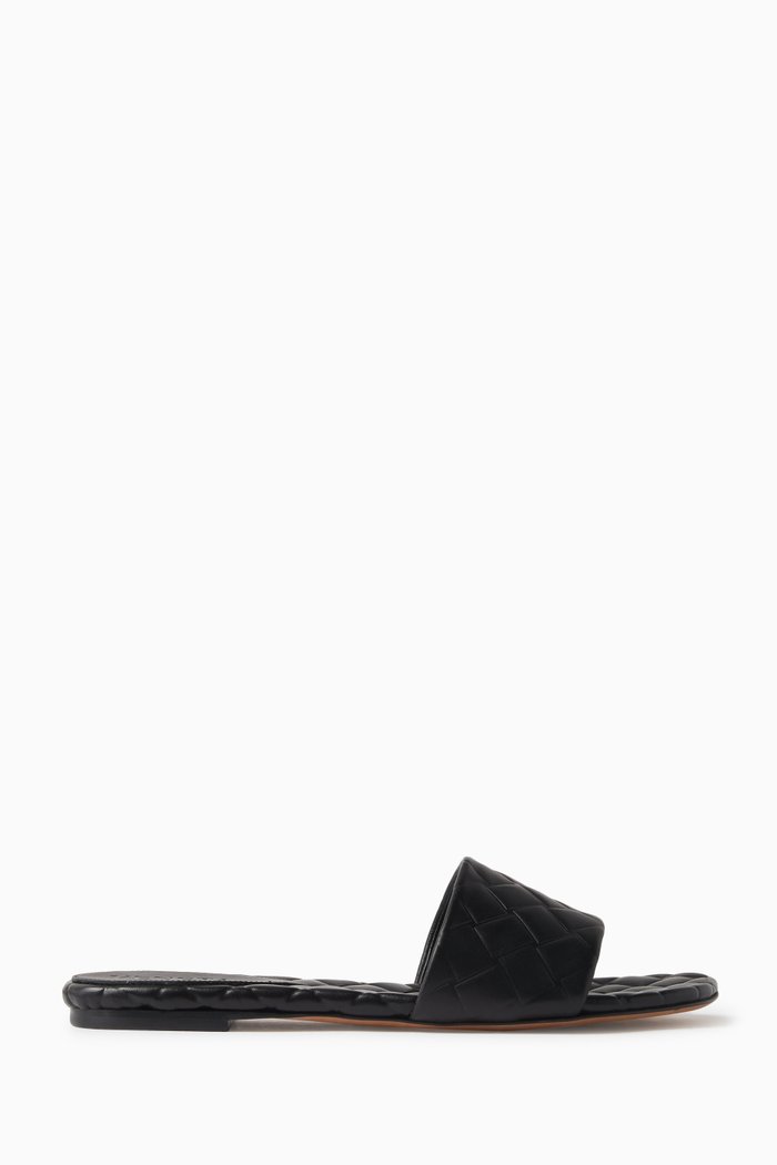 

Amy Padded Flat Mules in Intreccio Leather, Black