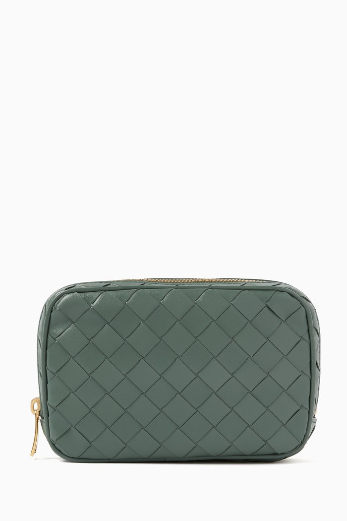 Small Zip Pouch in Intrecciato Leather, Green