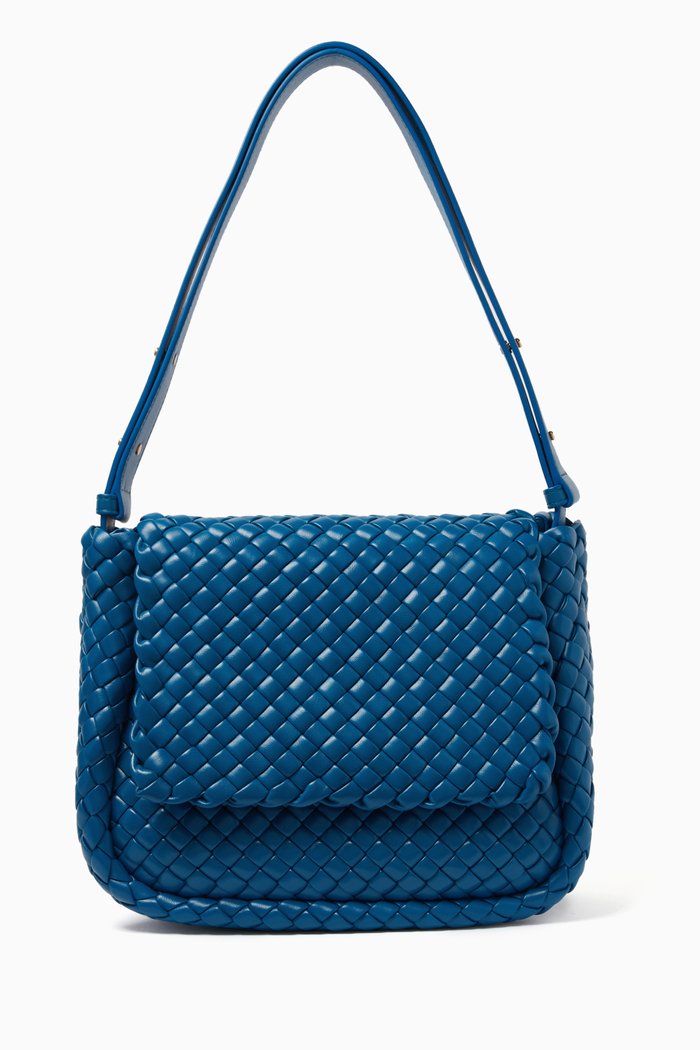 Small Cobble Shoulder Bag in Intreccio Leather, Blue