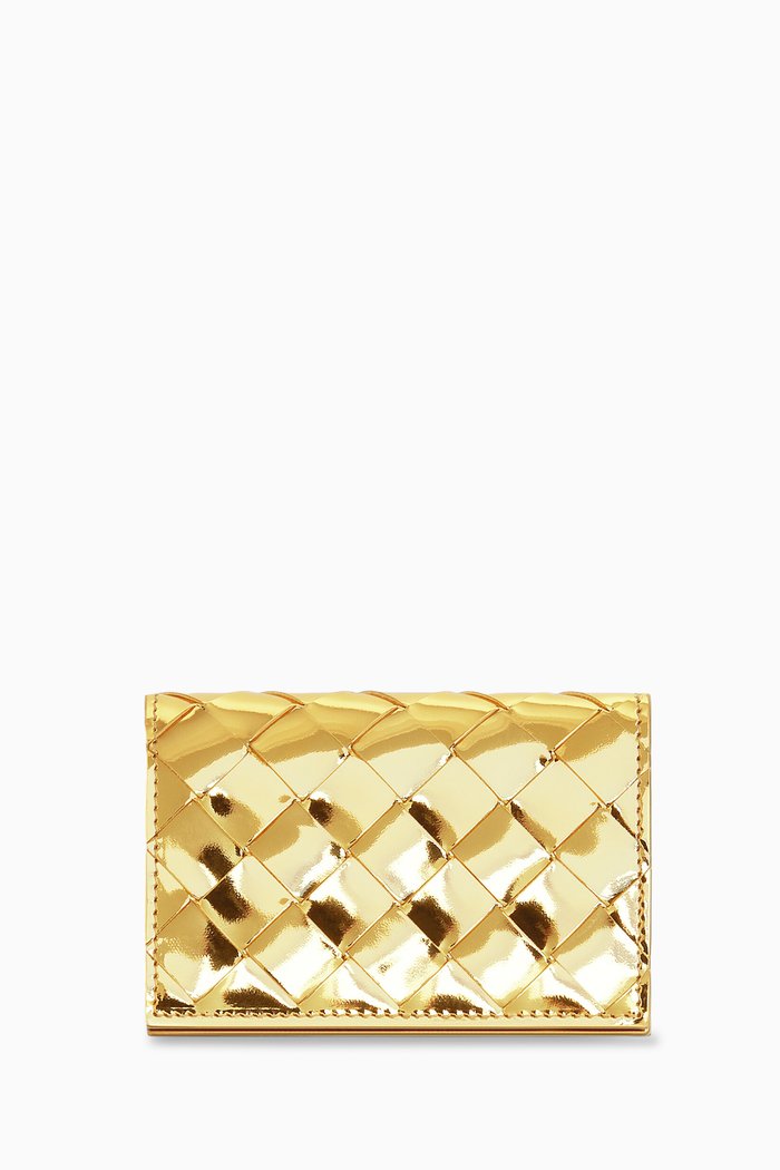 

Business Card Case in Laminated Intrecciato Leather, Gold